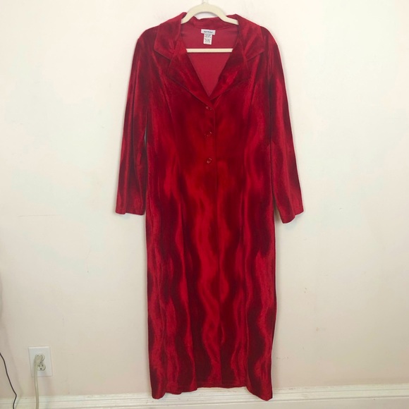 VINTAGE Red Y2K Faux Velvet Wavy Pattern Long Coat M - Picture 2 of 11